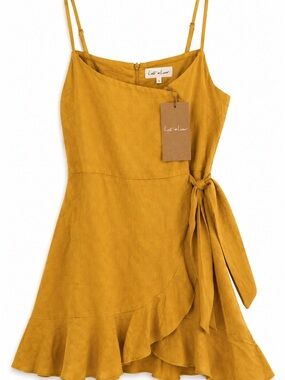 Lost in Lunar Cotton Faux Wrap Dress Marigold Yellow Mini Ruffle Hem BNWT Size 4